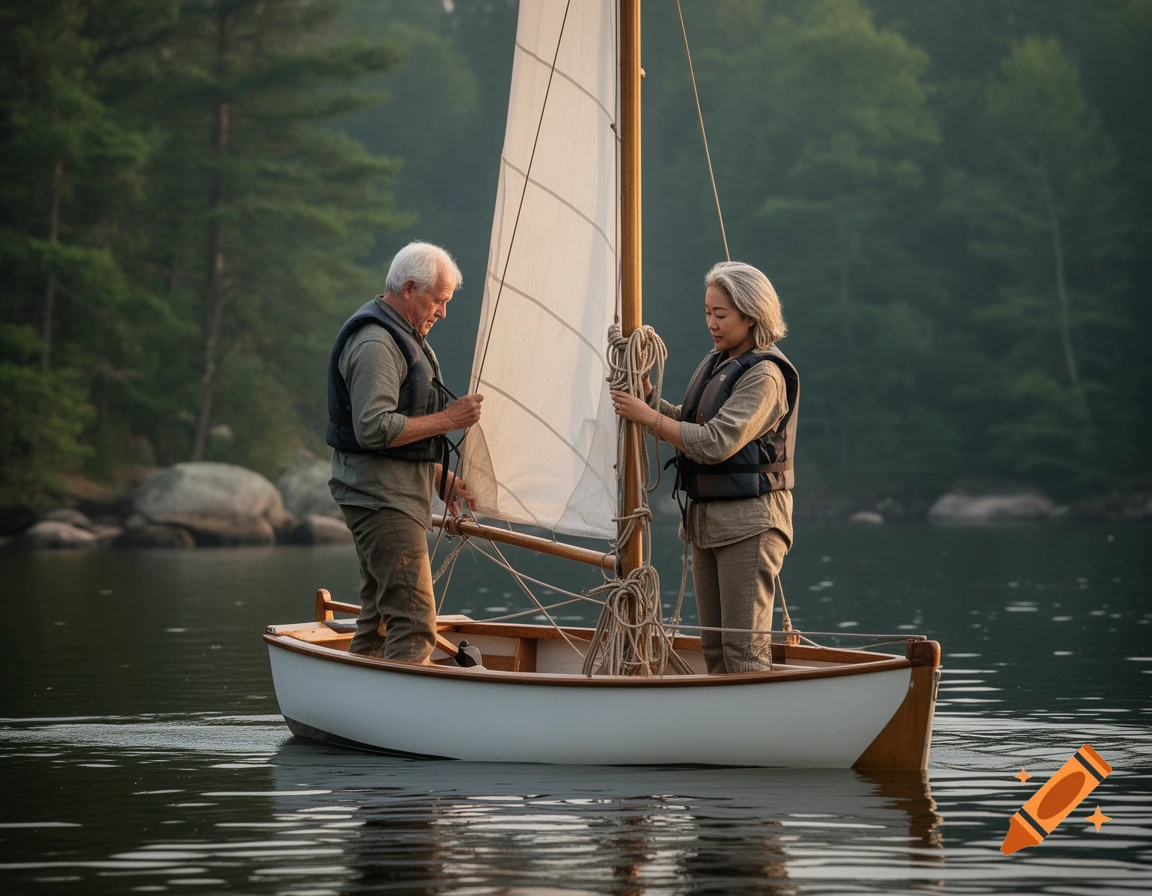 Middle-aged man and woman handling a sailboat on a calm lake surrounded by trees, photorealistic style.