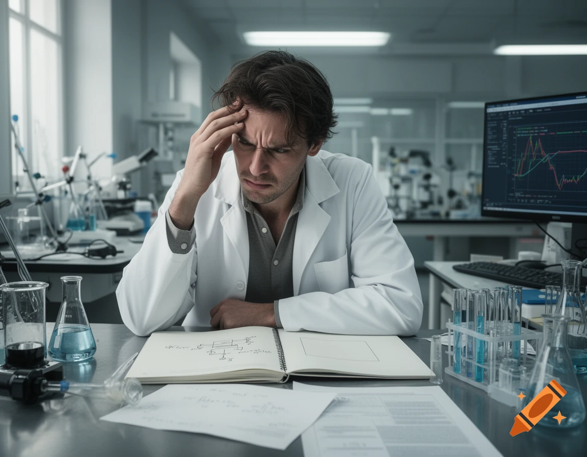 A distressed male scientist in a white coat sitting at a laboratory desk, holding his head with one hand, surrounded by scientific equipment and lab notes.