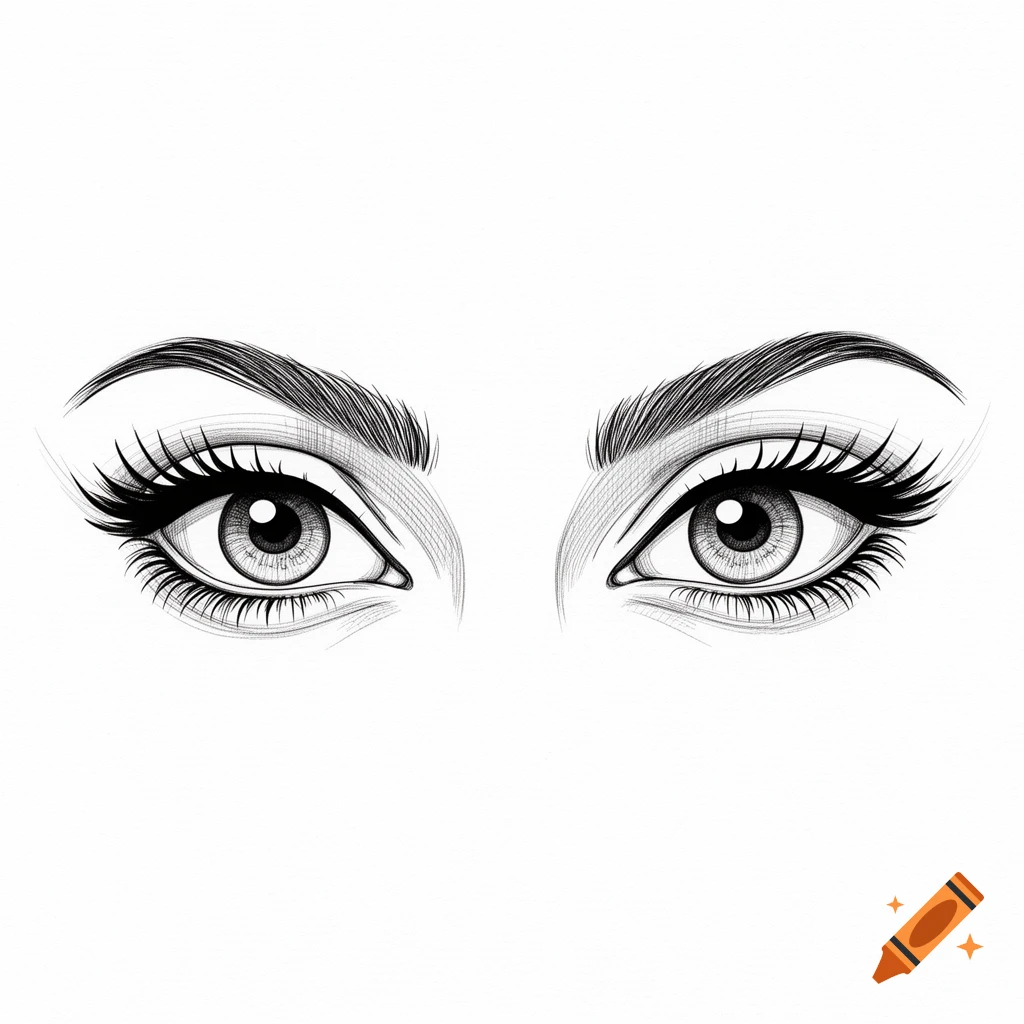 Black and white line art sketch of stylized, exaggerated human eyes with long eyelashes and detailed eyebrows.