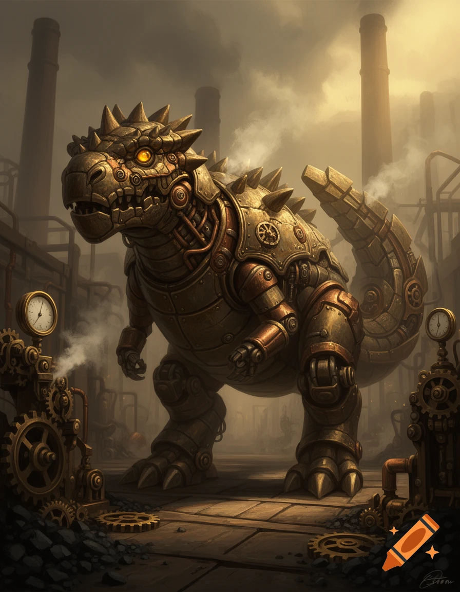 Steampunk robotic ankylosaurus dinosaur in an industrial factory setting with pipes and gauges.