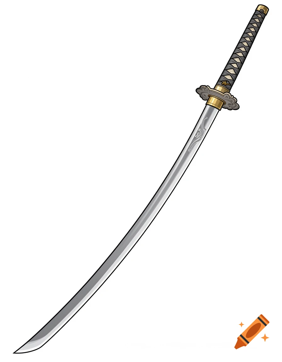 Digital illustration of a curved tachi sword with an ornate hilt on a white background.
