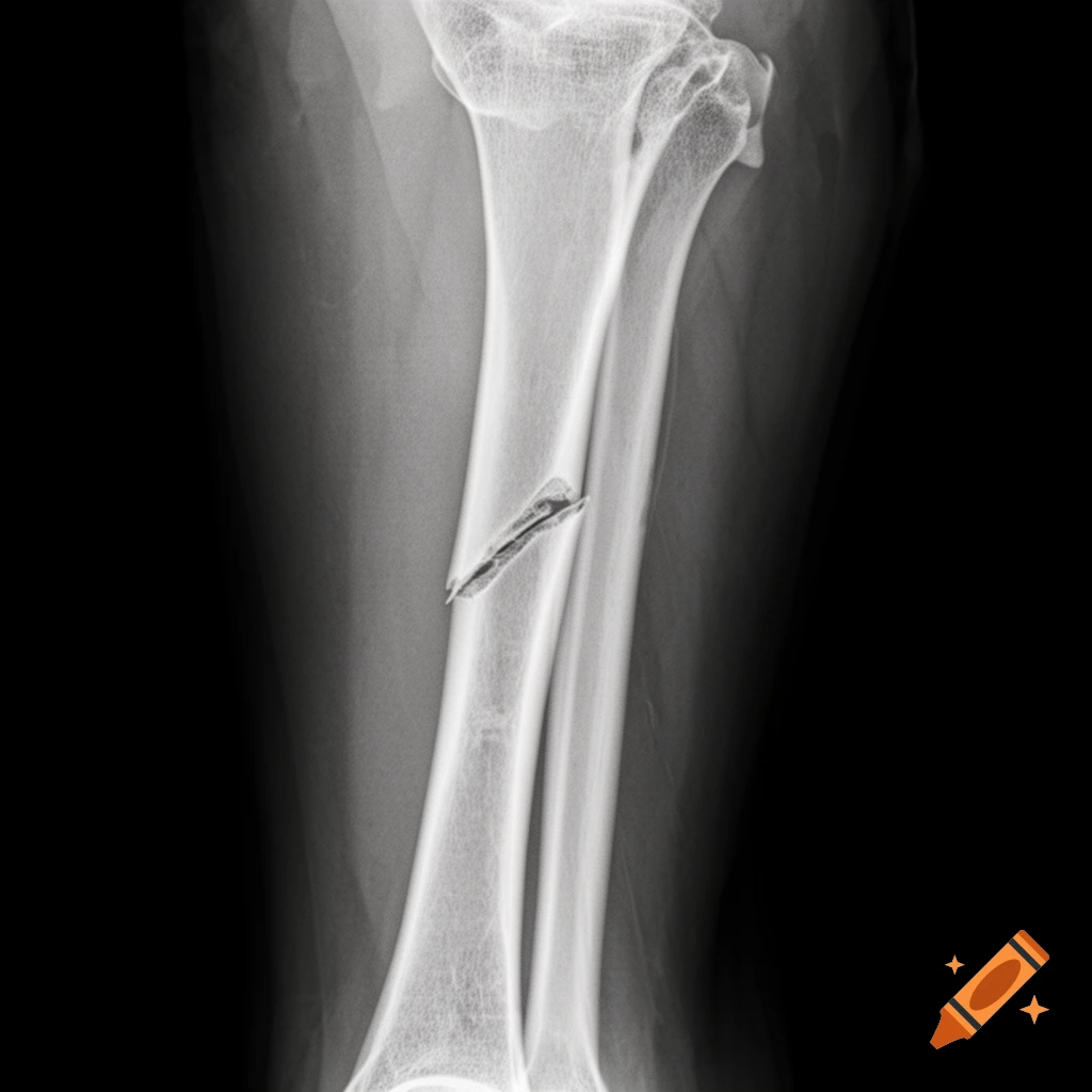 Medical X-ray showing a broken human bone fracture.