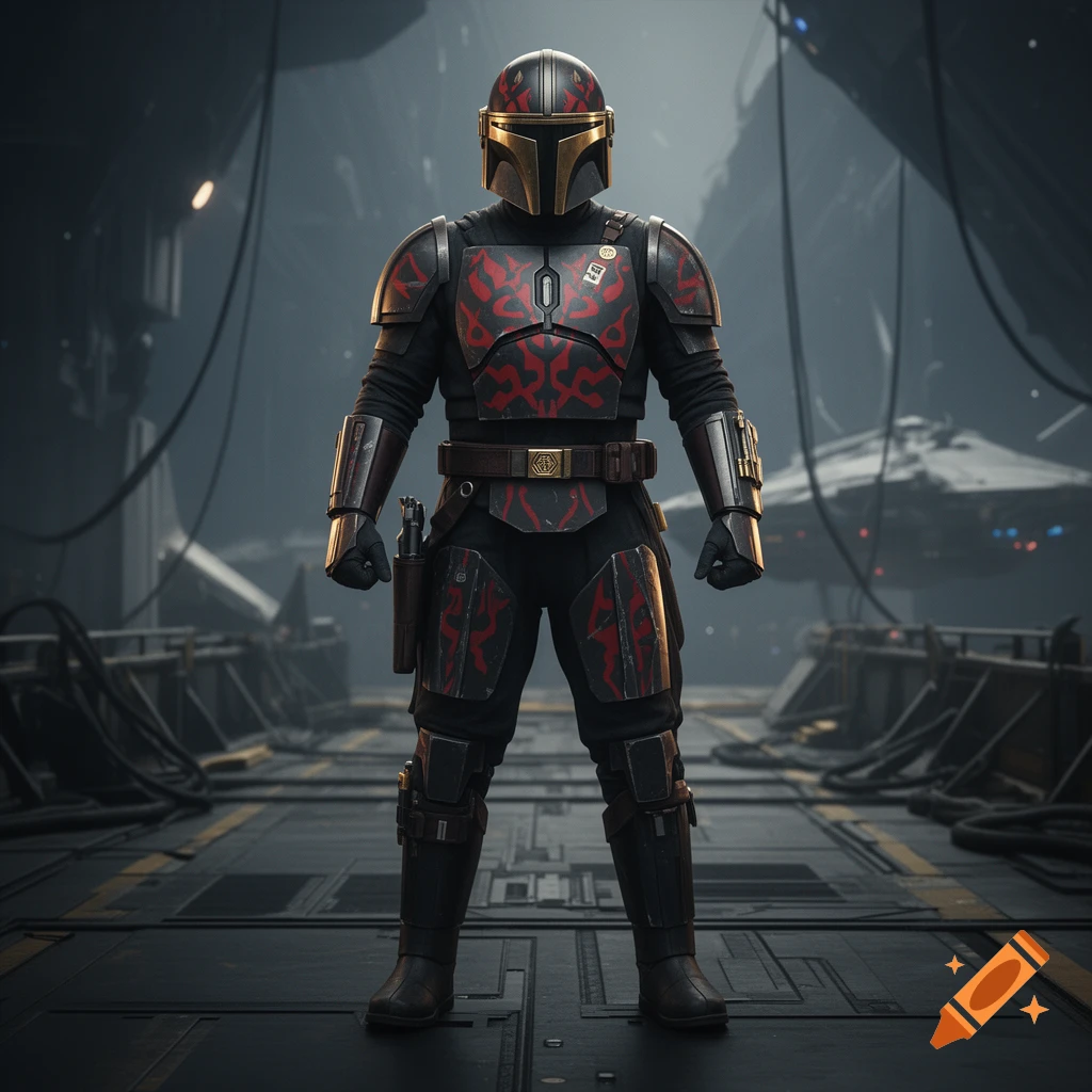 Photorealistic image of a Mandalorian warrior in black and red armor with Darth Maul-inspired patterns standing in a hangar.