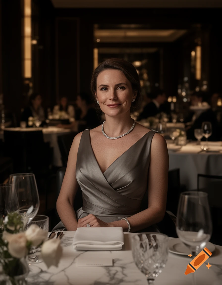 Photorealistic medium shot of an elegant businesswoman in a grey evening gown seated at a luxury restaurant table.
