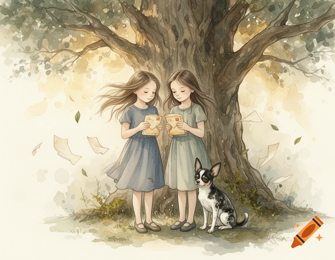 Watercolor illustration of two young girls standing by a large tree holding letters, accompanied by a small black and white dog.