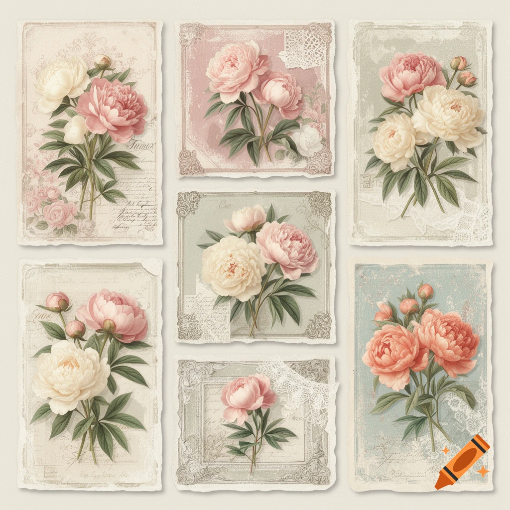 Vintage decoupage collage illustration with individual cards featuring pink and white peonies, shabby chic style.