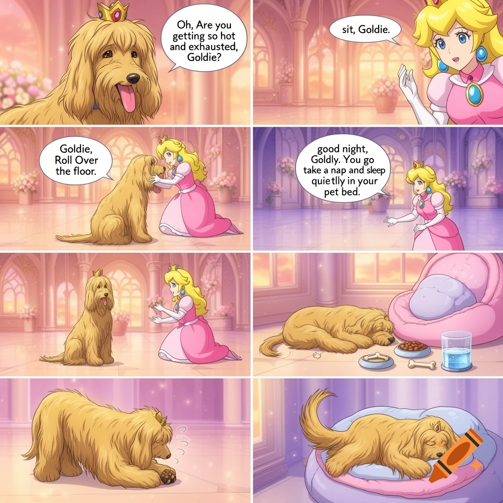 Comic strip panels showing Princess Peach interacting with a golden Afghan hound in a castle, anime style.