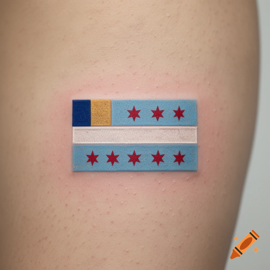 Close-up of a realistic tattoo on skin combining elements of the Milwaukee and Chicago flags.