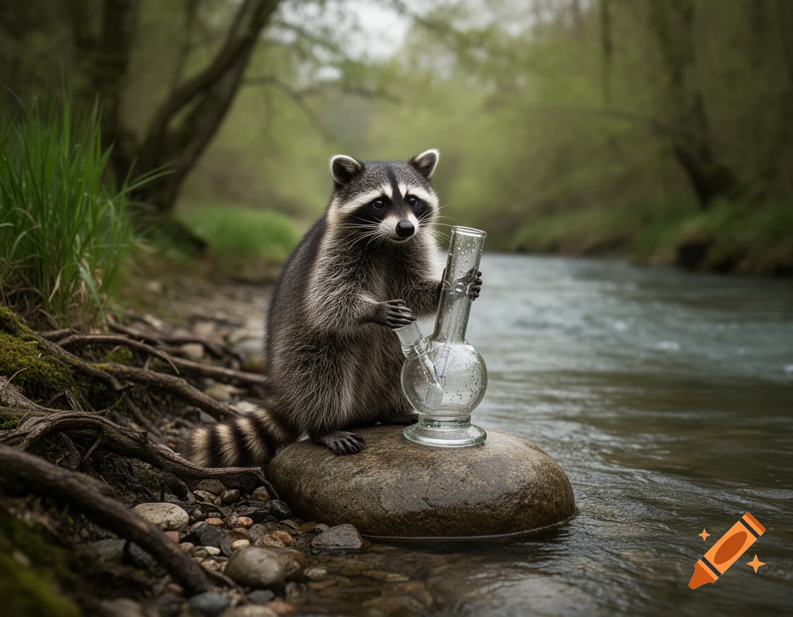 A photorealistic raccoon sitting on a river rock and holding a glass bong in a forest.