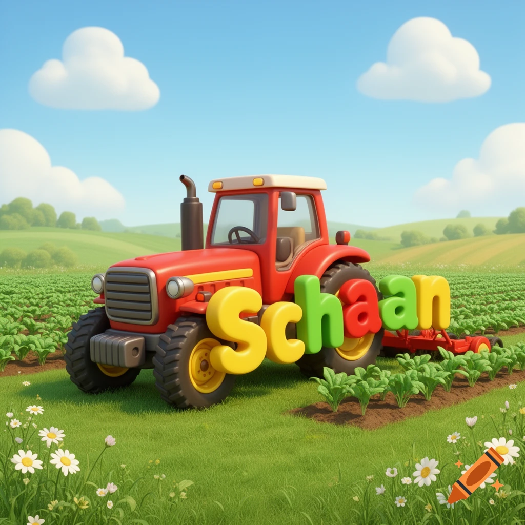 3D cartoon red tractor shaped like the word Schaan in a green field with white flowers under a blue sky.