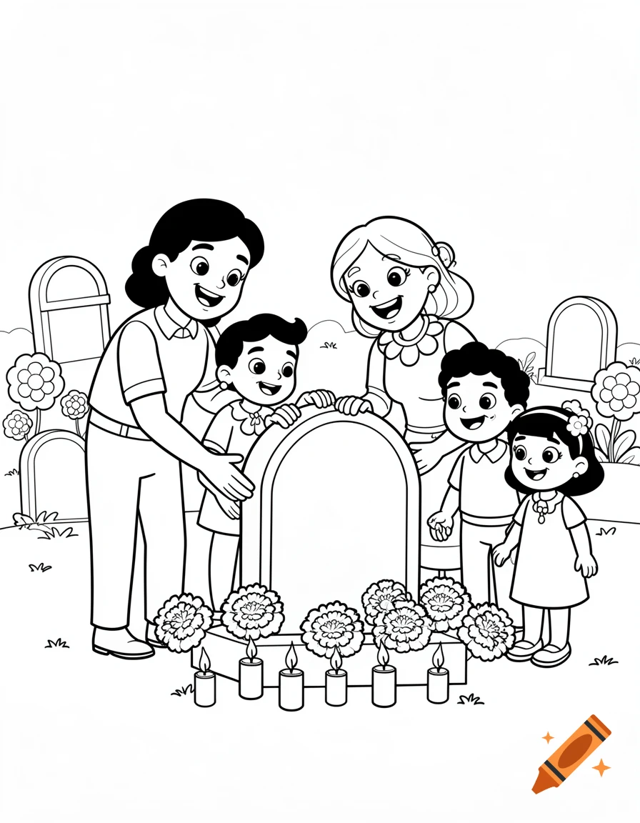 Coloring page of a family visiting a cemetery for Day of the Dead, placing flowers and candles on a tombstone, cartoon style line art