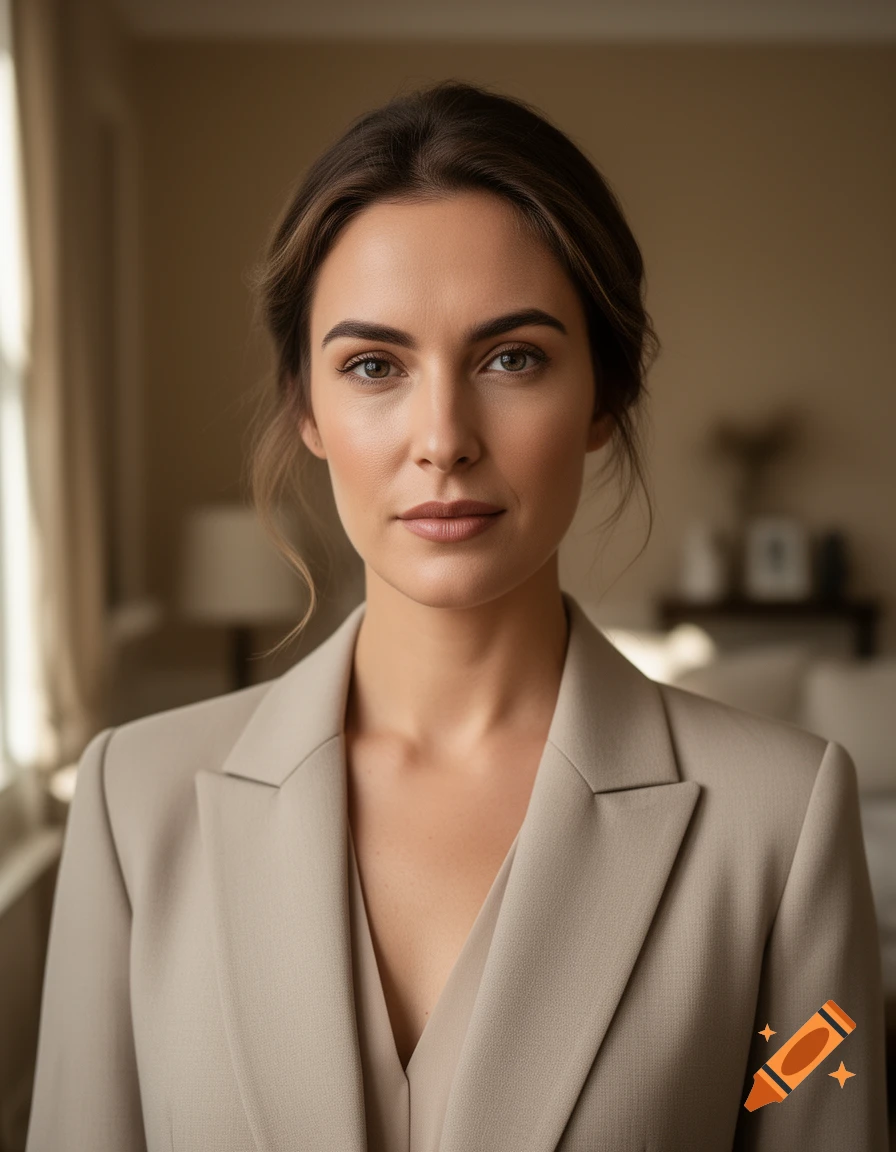 Photorealistic portrait of a woman with brown hair in a beige blazer inside a room.
