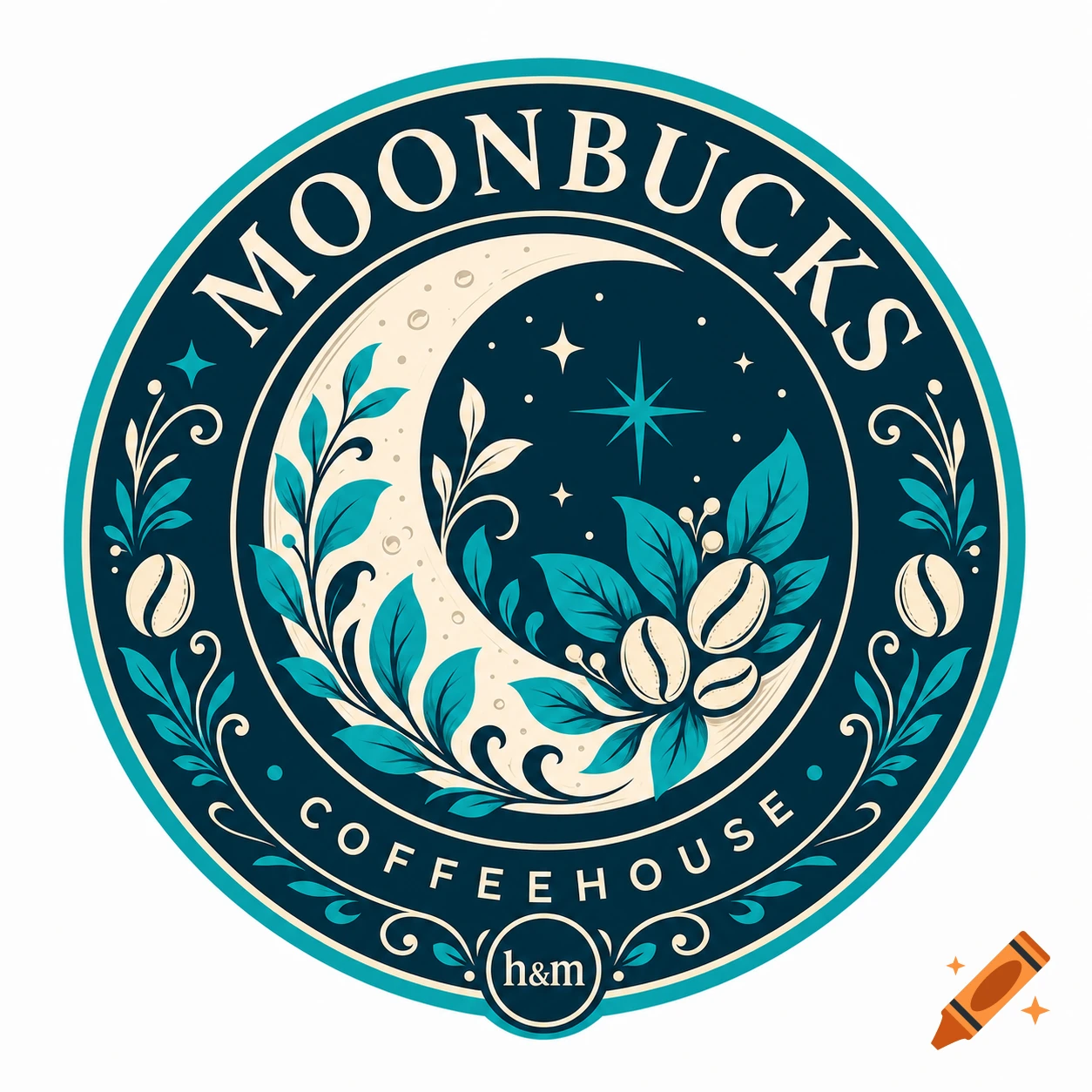 Circular teal and dark blue logo design with a crescent moon, coffee beans, foliage, and the text MOONBUCKS COFFEEHOUSE.