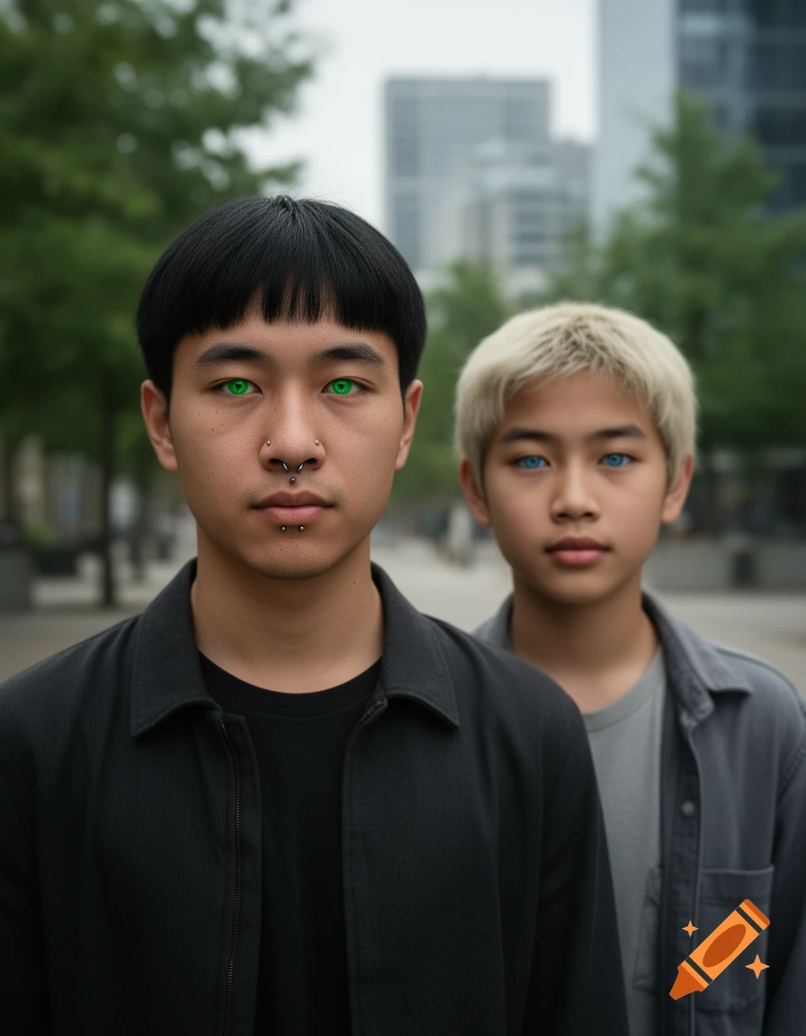 Photorealistic portrait of two young people standing outdoors with green and blue glowing eyes.