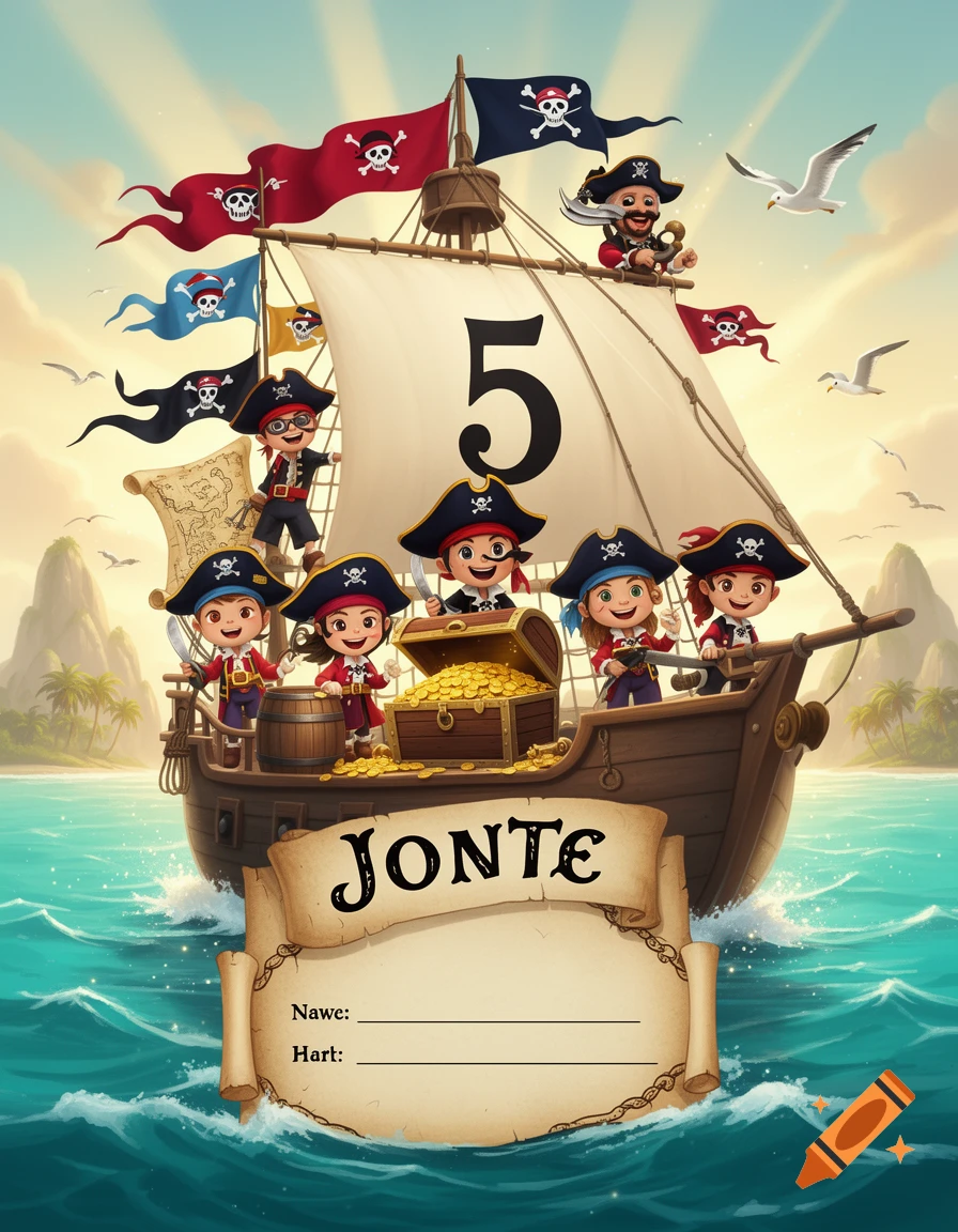 Digital illustration of a pirate ship sailing on water with cartoon pirate characters, a large number 5 on the sail, and a name banner reading Jonte.