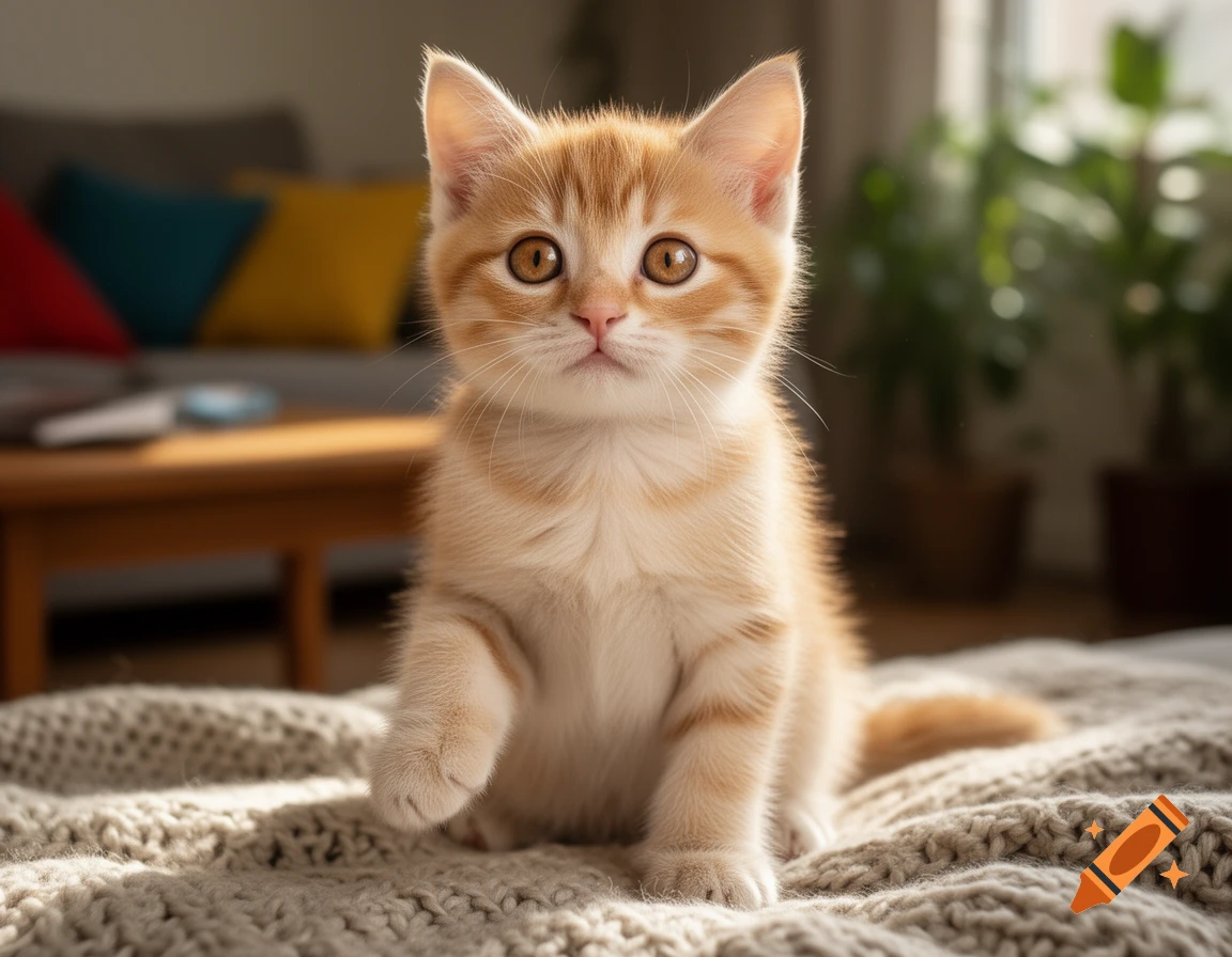Photorealistic image of a cute orange tabby kitten sitting on a knitted blanket indoors.