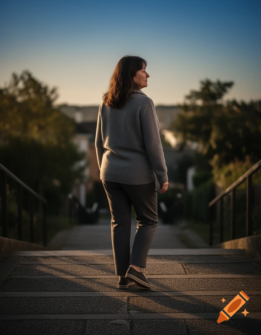 A realistic photo of a woman walking up an outdoor staircase away from the camera during golden hour.