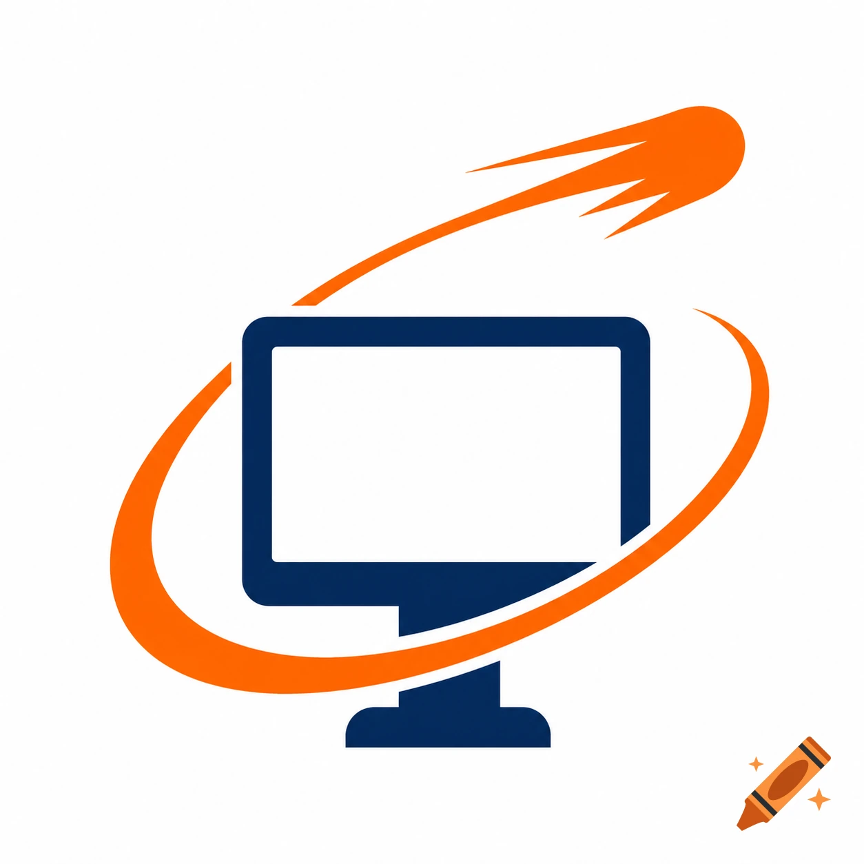 Simple vector logo of a dark blue computer monitor with an orange meteor arcing around it on a white background.