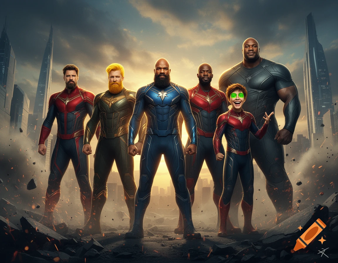 Group of six male superheroes in futuristic matching suits standing on rubble in front of a sci-fi city skyline.