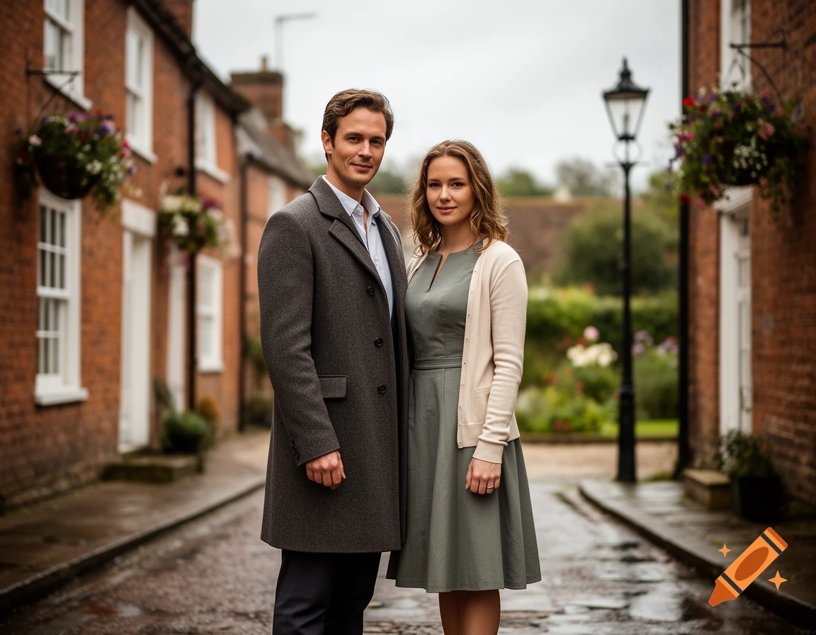 Photorealistic portrait of a well-dressed adult man and woman standing together in a traditional English village street.
