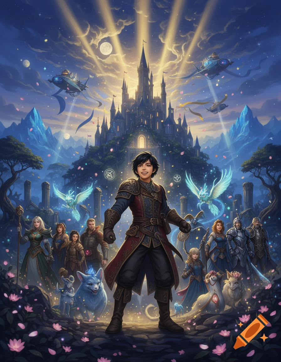 Fantasy adventure poster featuring a central young hero surrounded by companions, mythical creatures, and a majestic castle in the background.