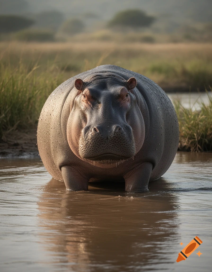 Photorealistic image of a spherical hippopotamus standing in shallow muddy water with a grassy savanna background.