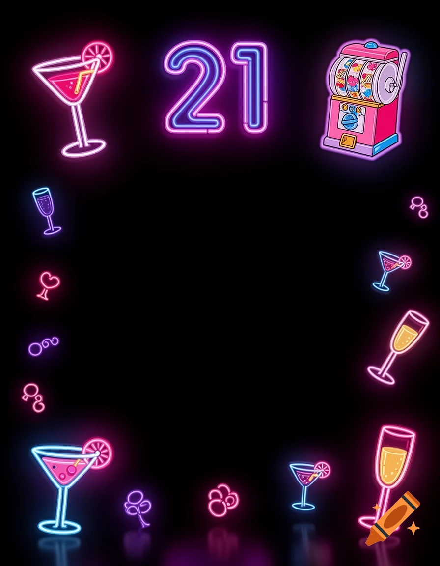 Neon sign style background featuring the number 21, a slot machine, and cocktail glasses on a black background.