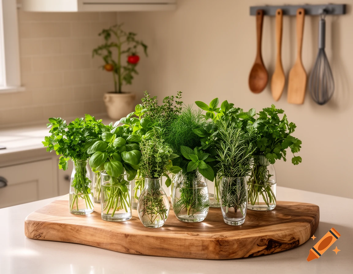 Photorealistic arrangement of various fresh green herbs in glass vases on a wooden cutting board in a kitchen.