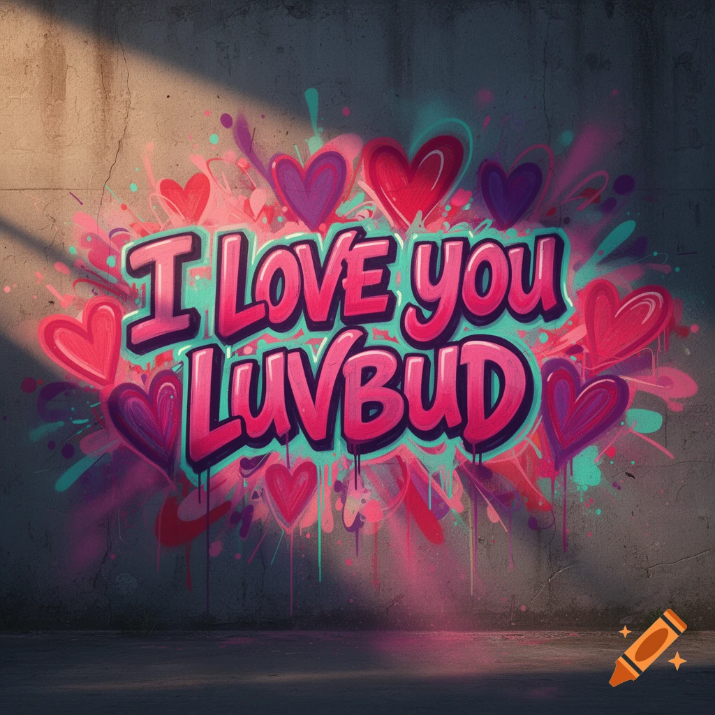 Graffiti art on a concrete wall reading 'I Love You Luvbud' surrounded by red and purple hearts.