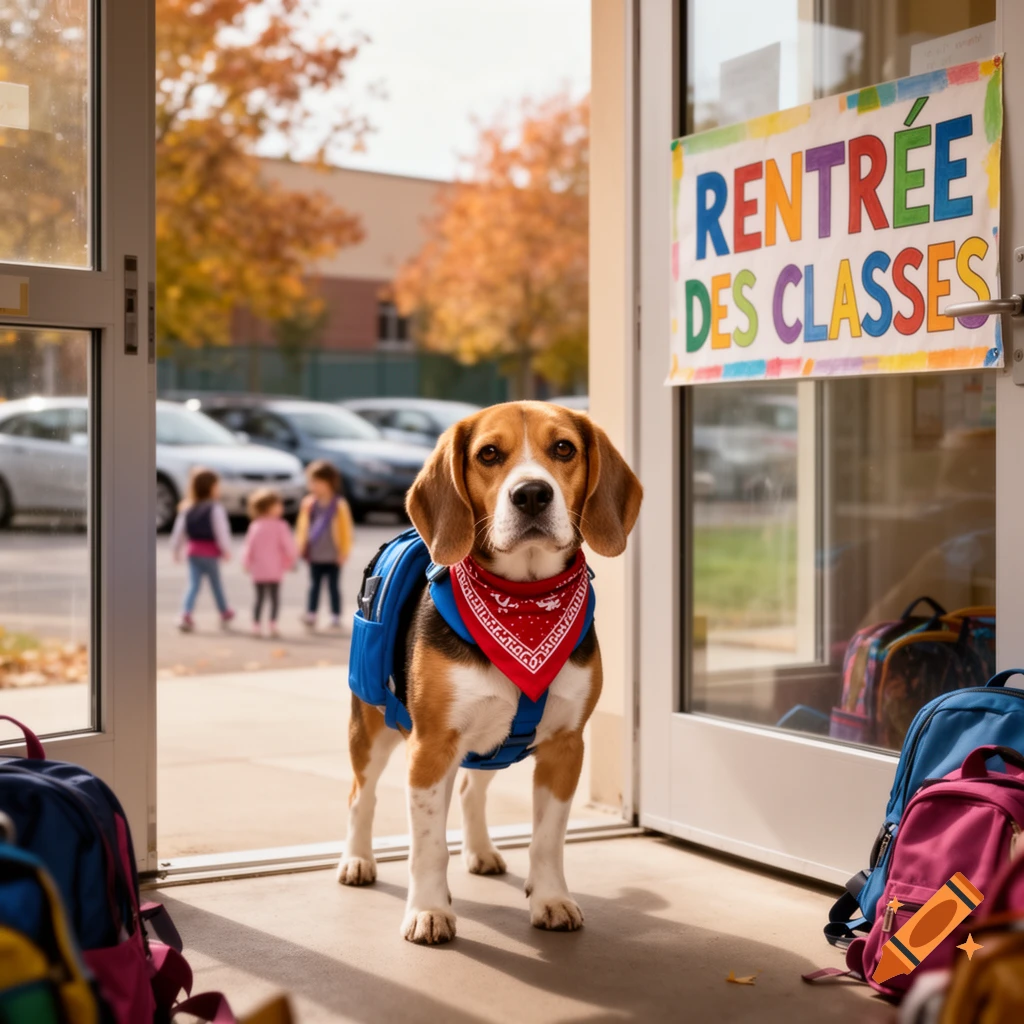 A photorealistic beagle wearing a blue backpack and red bandana stands in an open doorway with a welcome sign.
