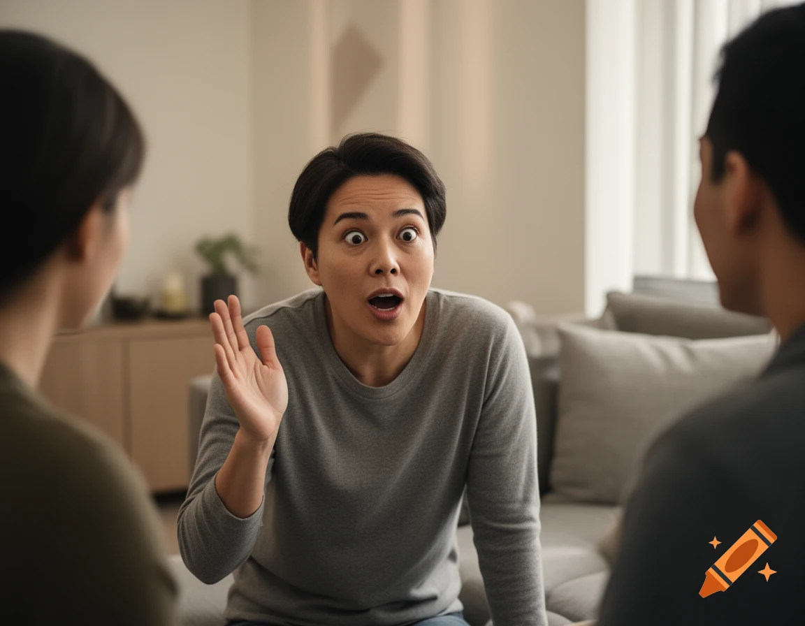 A person with a surprised expression, with mouth open and hand raised, sitting in a living room while talking with two other people whose backs are to the camera.