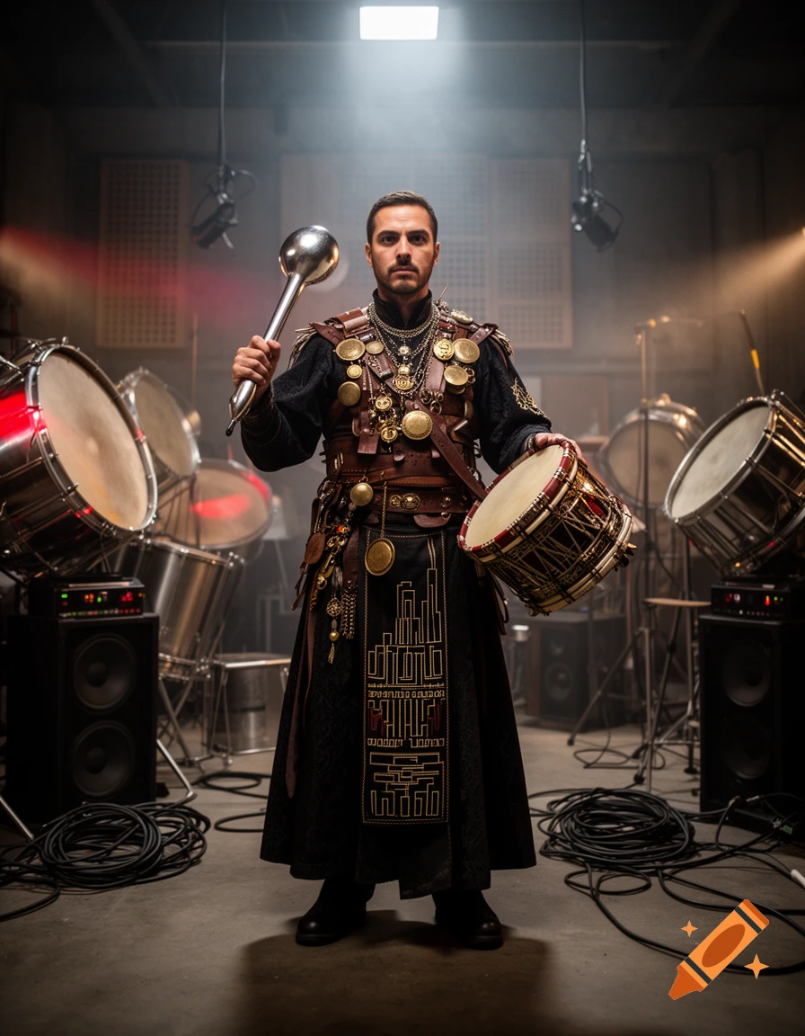 Photorealistic image of a man dressed as a fantasy high priest holding a percussion mallet and drum in a studio surrounded by drums and audio equipment.