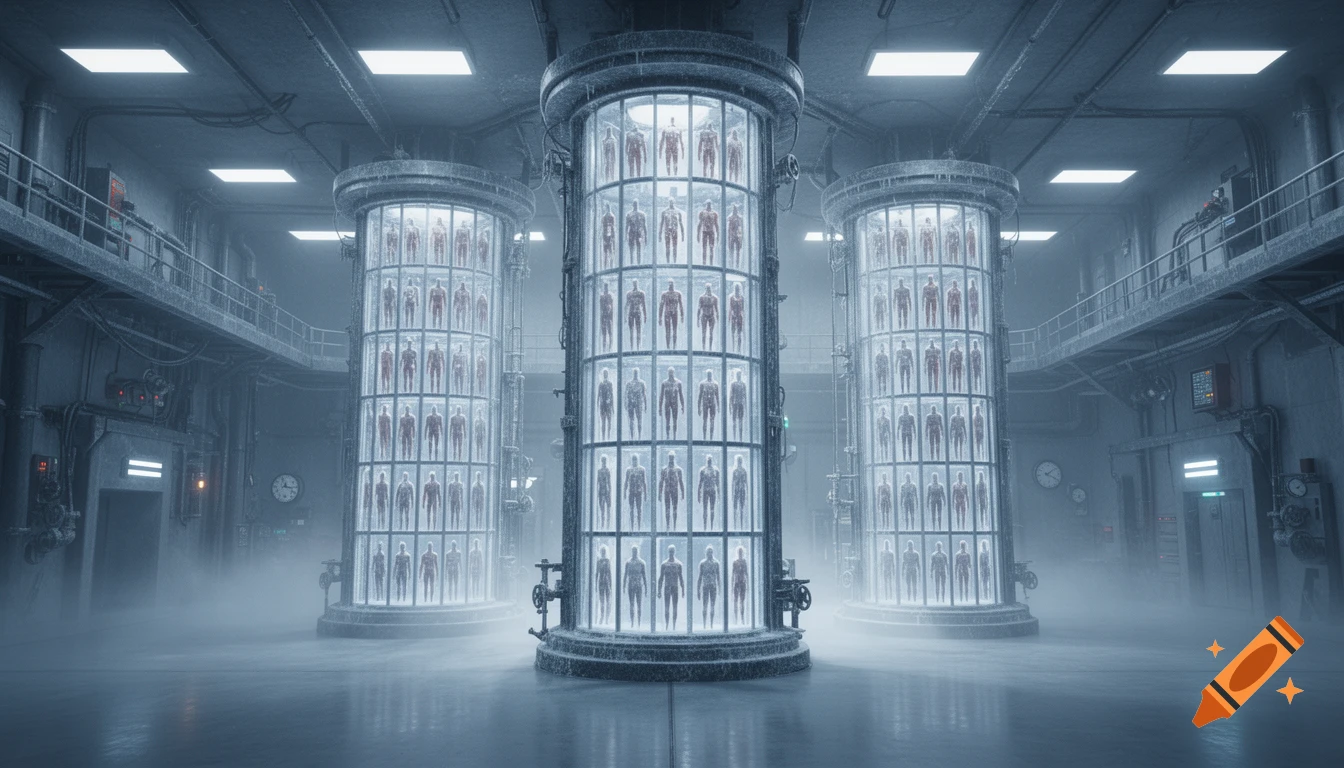 A cold, industrial sci-fi room with three large cylindrical glass pillars containing rows of human clones in a foggy environment.