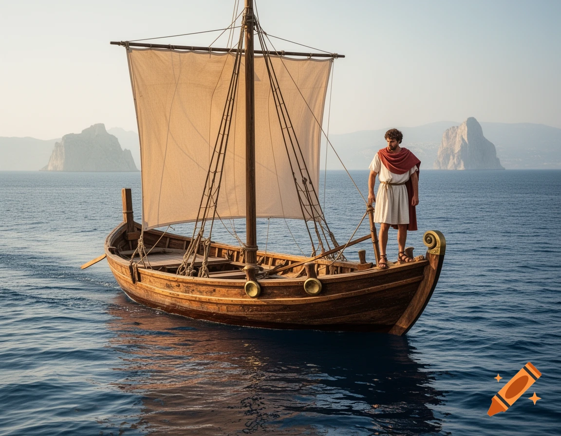 Photorealistic image of an ancient Greek boat with one person on deck sailing calm blue sea near rocky islands.