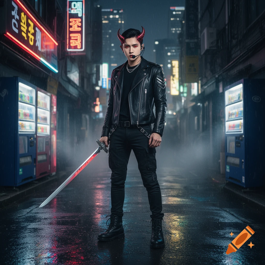 Photorealistic full-body portrait of a young man with red horns and glowing red eyes, holding a glowing sword in a rainy street.