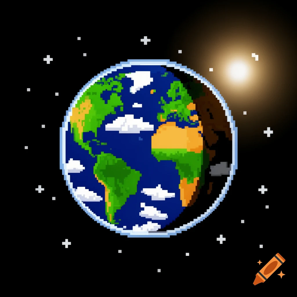 Pixel art sprite of planet Earth viewed from space with stars and the sun against a black background.
