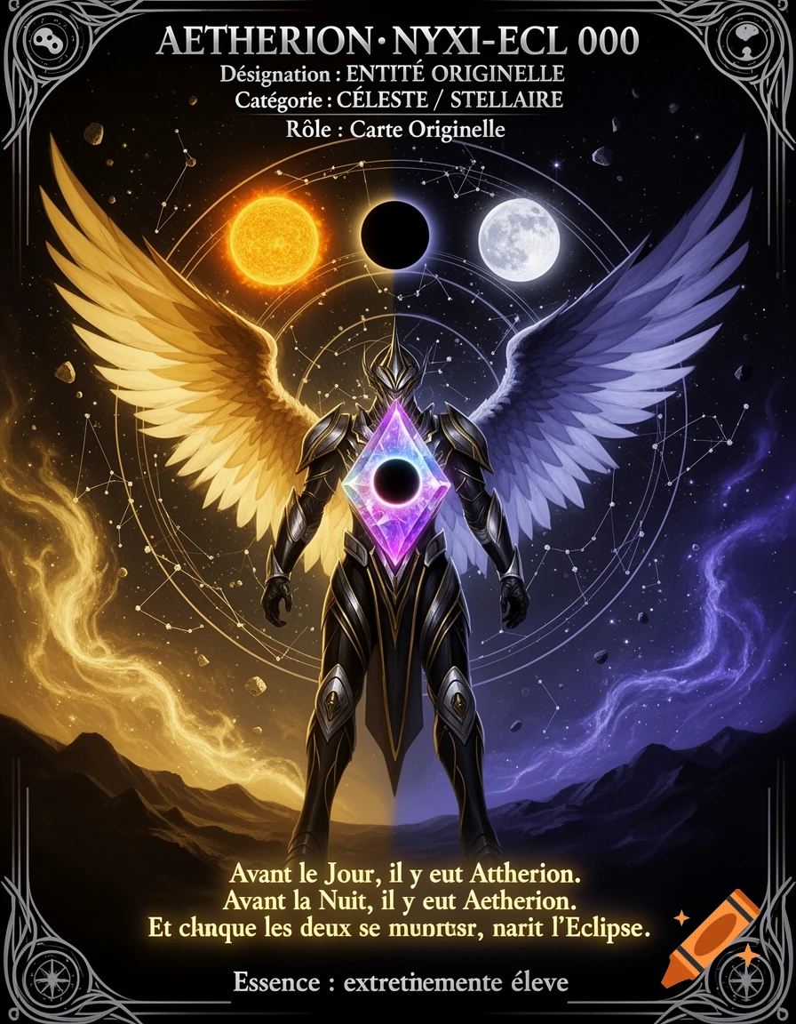 Cosmic humanoid entity with sun and moon wings standing between a sun, eclipse, and moon in space, styled like a fantasy card.