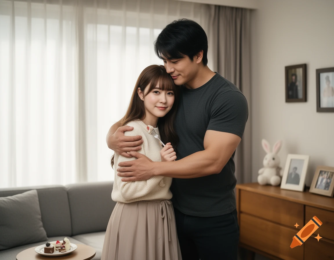 Photorealistic image of a smiling young woman hugging a tall muscular man in a living room.
