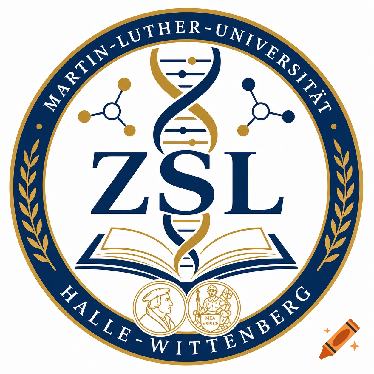 A circular blue and gold university logo featuring a DNA helix, an open book, and the text 'MARTIN-LUTHER-UNIVERSITÄT', 'ZSL', and 'HALLE-WITTENBERG'.