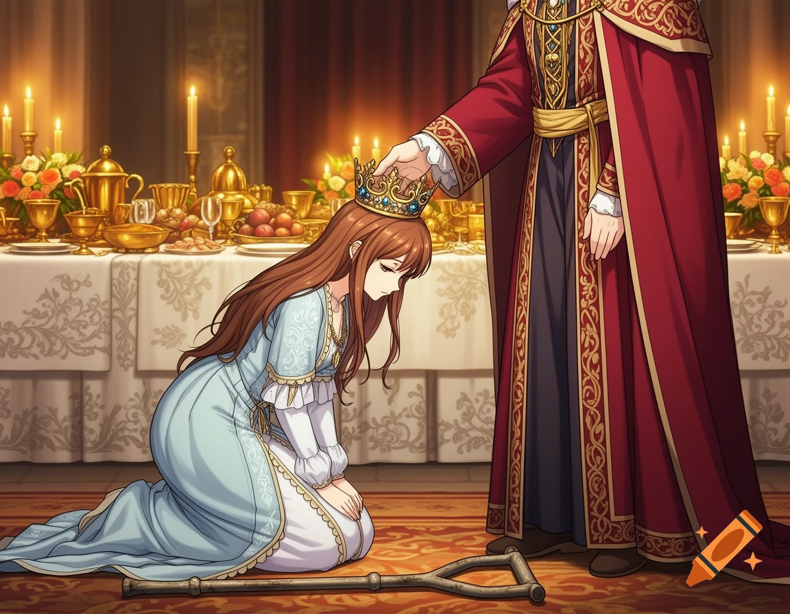 Anime style illustration of a young woman kneeling while a king places a crown on her head, with a discarded crutch on the floor and a banquet table in the background.