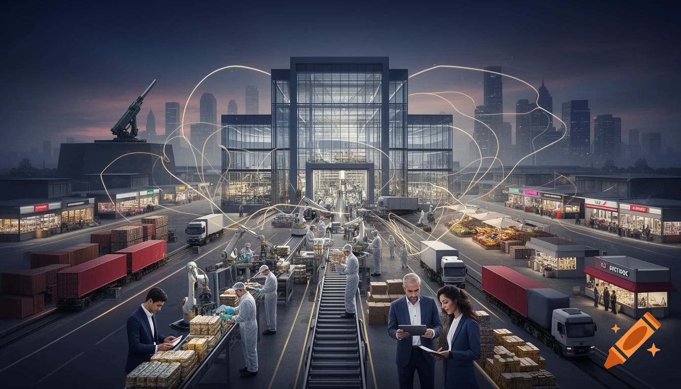 Cinematic wide shot of a modern glass factory, production lines, and shipping containers connected by glowing lines to a city skyline at dusk.