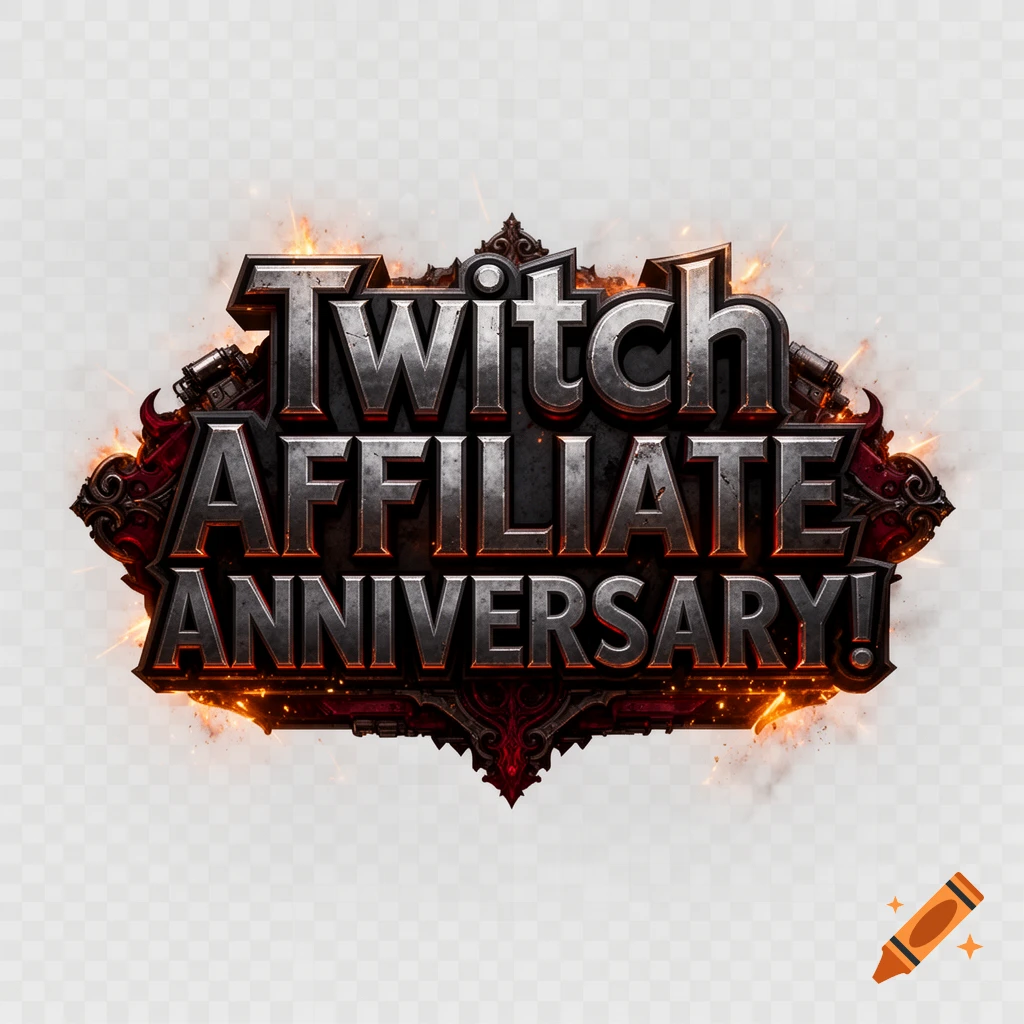 Metallic, textured 3D text reading Twitch Affiliate Anniversary! with glowing fire effects on a transparent background.