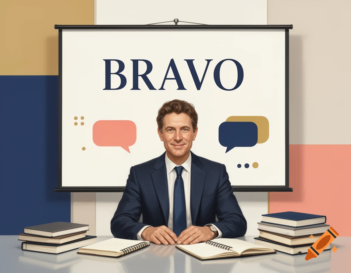 Illustration of a man in a suit sitting at a desk with books and a projection screen with the word BRAVO.