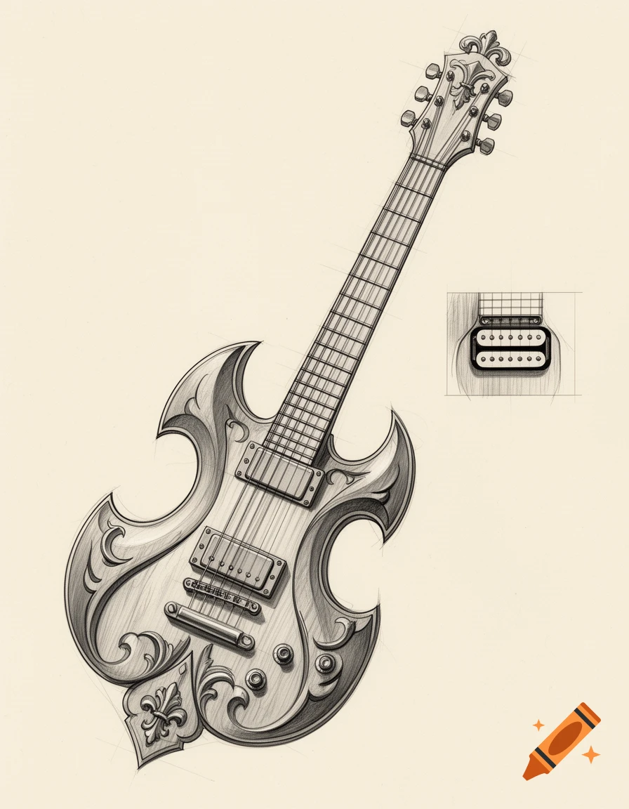 Pencil sketch of an ornate electric guitar designed in the shape of a fleur-de-lis.