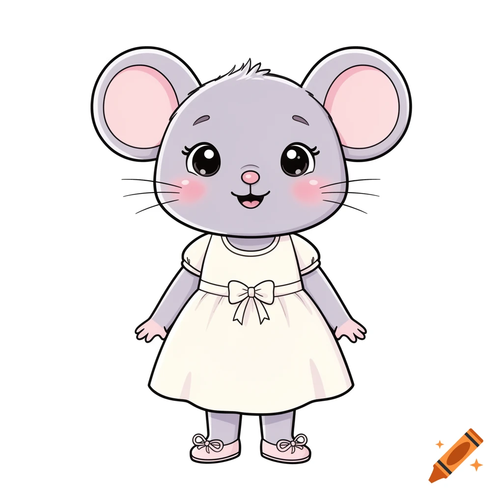 Digital cartoon illustration of a cute female mouse standing wearing a white dress and pink shoes against a white background.