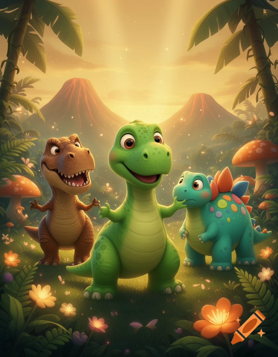 3D animated style illustration of a friendly green dinosaur, a T-Rex, and a Stegosaurus in a lush prehistoric landscape with volcanoes.