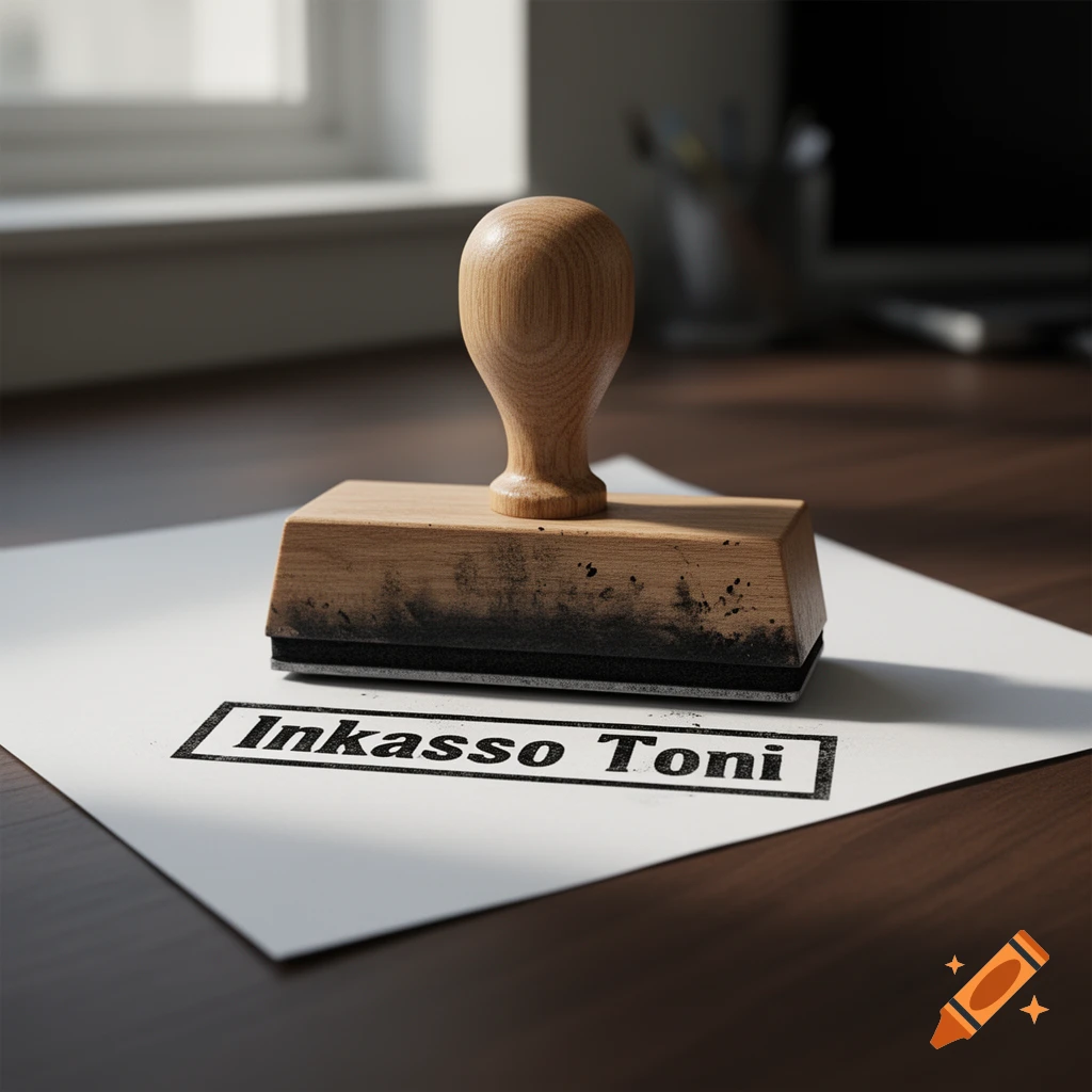 Photorealistic image of a wooden stamp resting on a sheet of paper on a desk, with the text 'Inkasso Toni' stamped below.