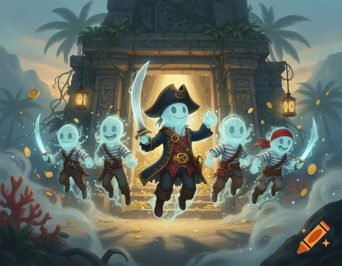 Digital illustration of four cute ghost pirates and a captain ghost holding sabers floating in front of a temple doorway filled with gold coins.
