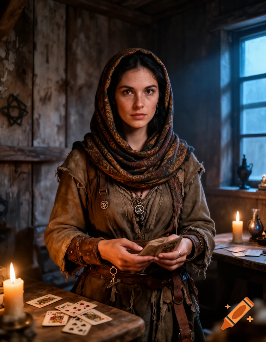 A photorealistic portrait of a woman in a headscarf and rustic clothing, holding playing cards in a dimly lit wooden room.