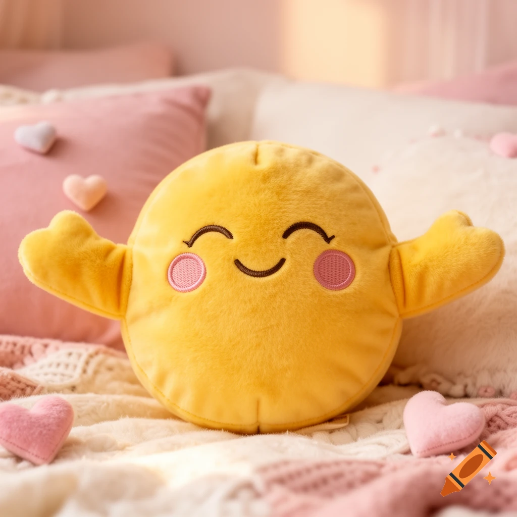 A yellow Hugging Face emoji plush toy with outstretched arms sitting on a bed among pink pillows and blankets.